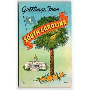 Vintage Greetings from South Carolina Linen Postcard Capitol Building Palmetto